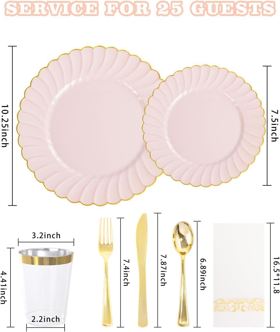 YOUBET 175PCS Pink Scalloped Plastic Plates - Gold Disposable Dinnerware Set Include 50 Plates, 75 Gold Silverware, 25 Cups, 25 Napkins for Party & Wedding & Baby Shower