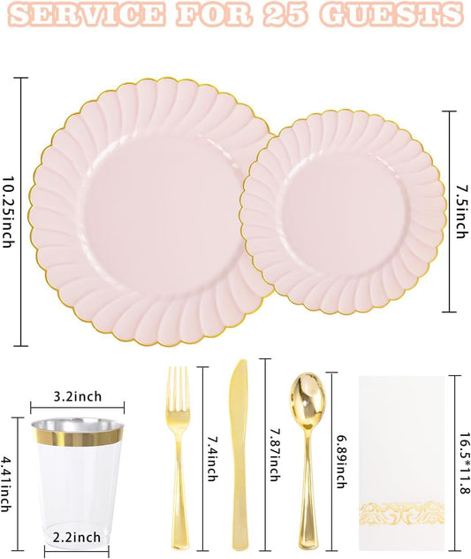YOUBET 175PCS Pink Scalloped Plastic Plates - Gold Disposable Dinnerware Set Include 50 Plates, 75 Gold Silverware, 25 Cups, 25 Napkins for Party & Wedding & Baby Shower