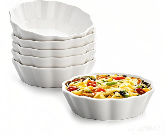 12 Oz Ramekins Oven Safe, Small Baking Dish, Individual Mini Pie Pans for Quiche, Casseroles, Dessert, Tart, Creme Brulee, lasagna, Ceramic Small Quiche Dishes, Set of 6