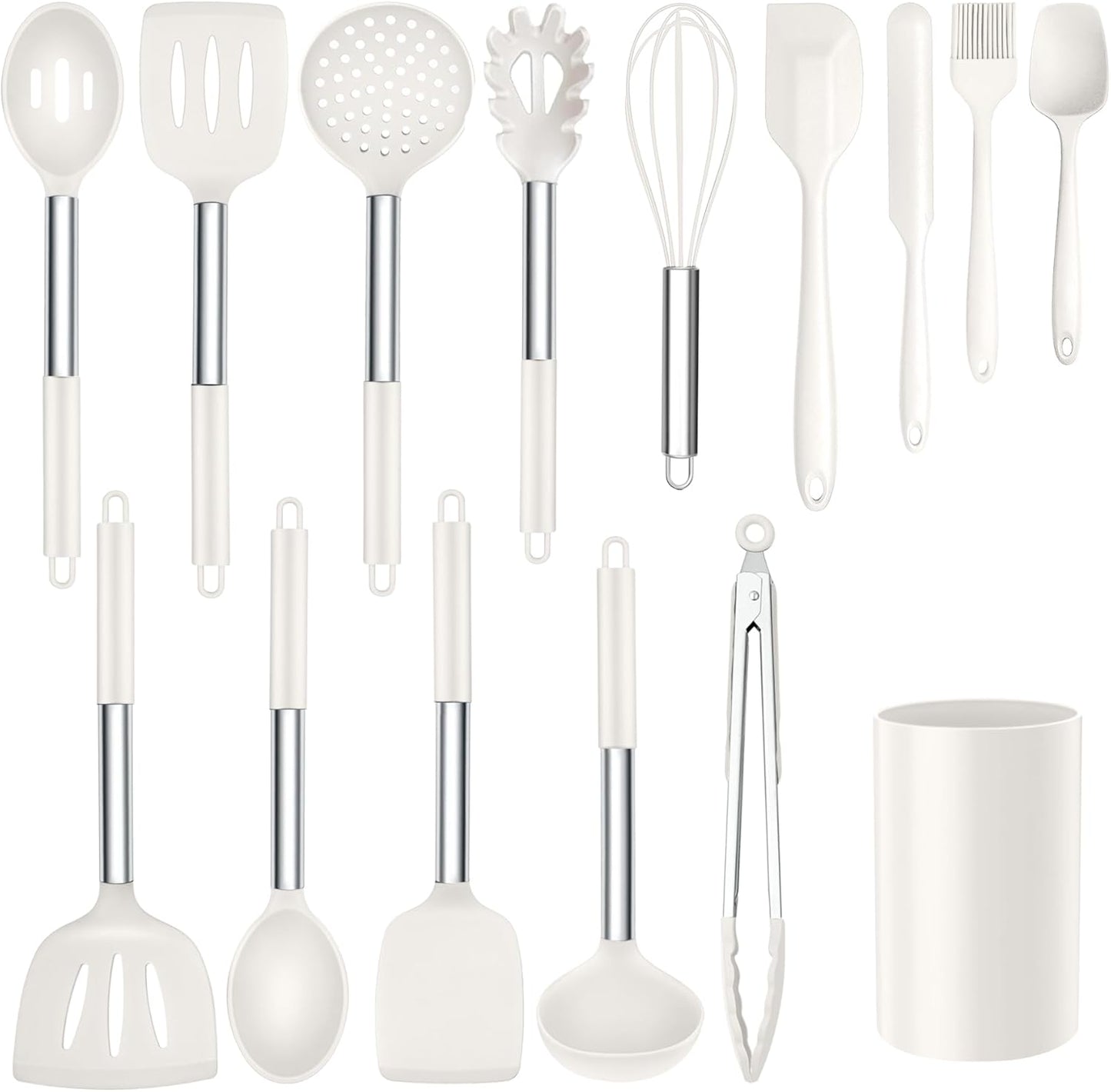 Onader Silicone Kitchen Utensils Set, 15pcs White Silicone Cooking Utensils Set with Holder, Includes Heat Resistant Spatula Turner Spoon Whisk Tong