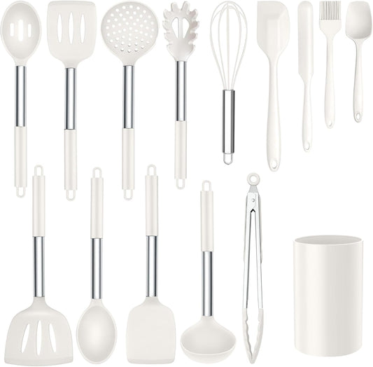 Onader Silicone Kitchen Utensils Set, 15pcs White Silicone Cooking Utensils Set with Holder, Includes Heat Resistant Spatula Turner Spoon Whisk Tong