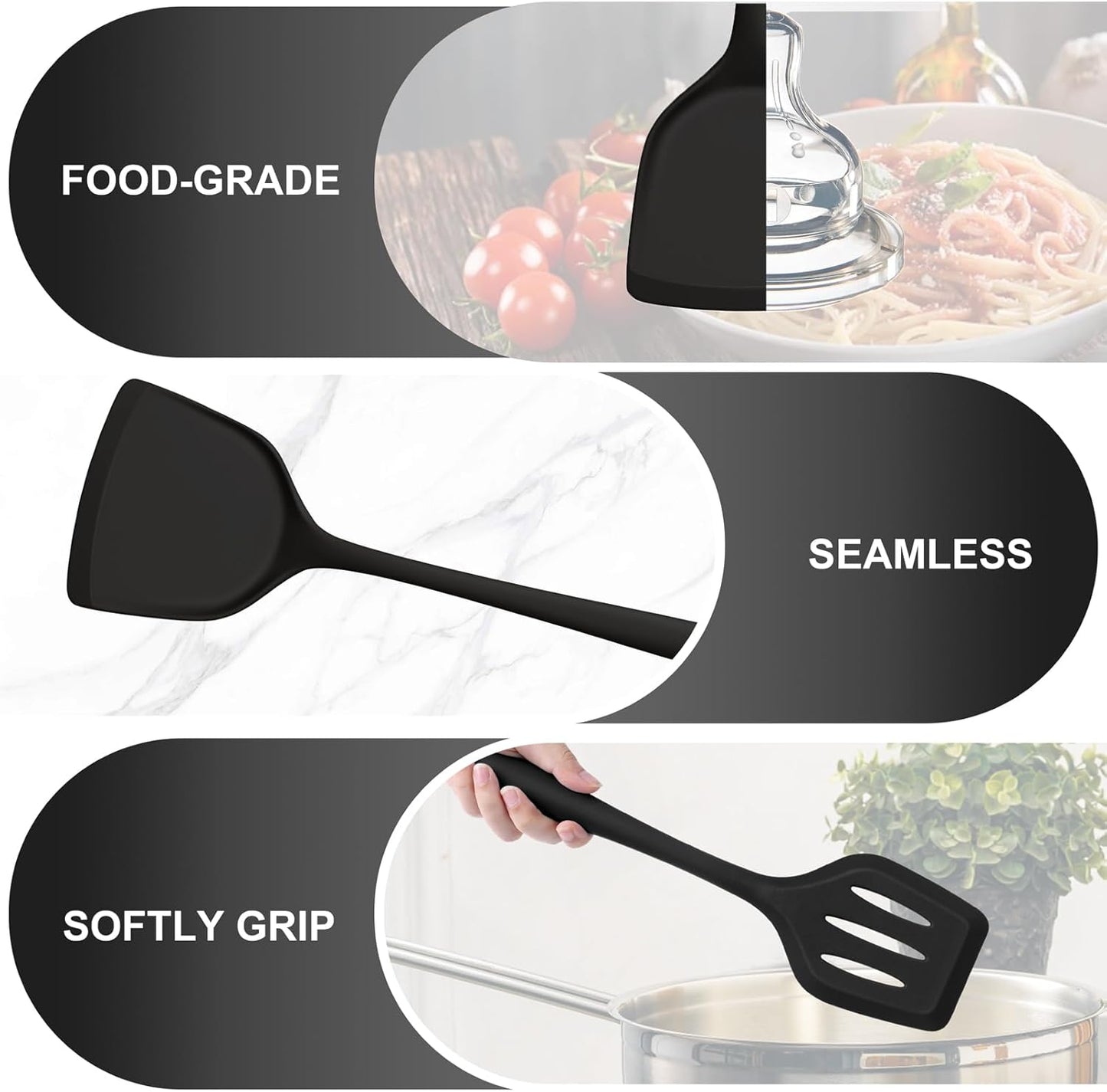 TeamFar Silicone Cooking Utensils Set of 5, Kitchen Utensils Solid & Slotted Spoons Turners Pasta Server for Nonstick Cookware, Healthy & Heat-Resistant, Seamless & Non-Scratch, Dishwasher Safe, Black