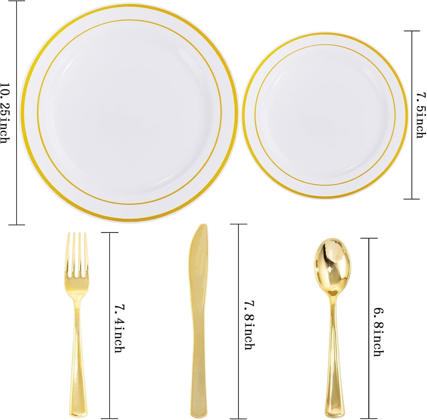 I00000 300 Pcs Gold Plastic Plates with Silverware, White and Gold Plastic Dinnerware Set for Party include: 60Dinner Plate 10.25", 60Dessert Plate 7.5", 60 Silverware Sets for christmas