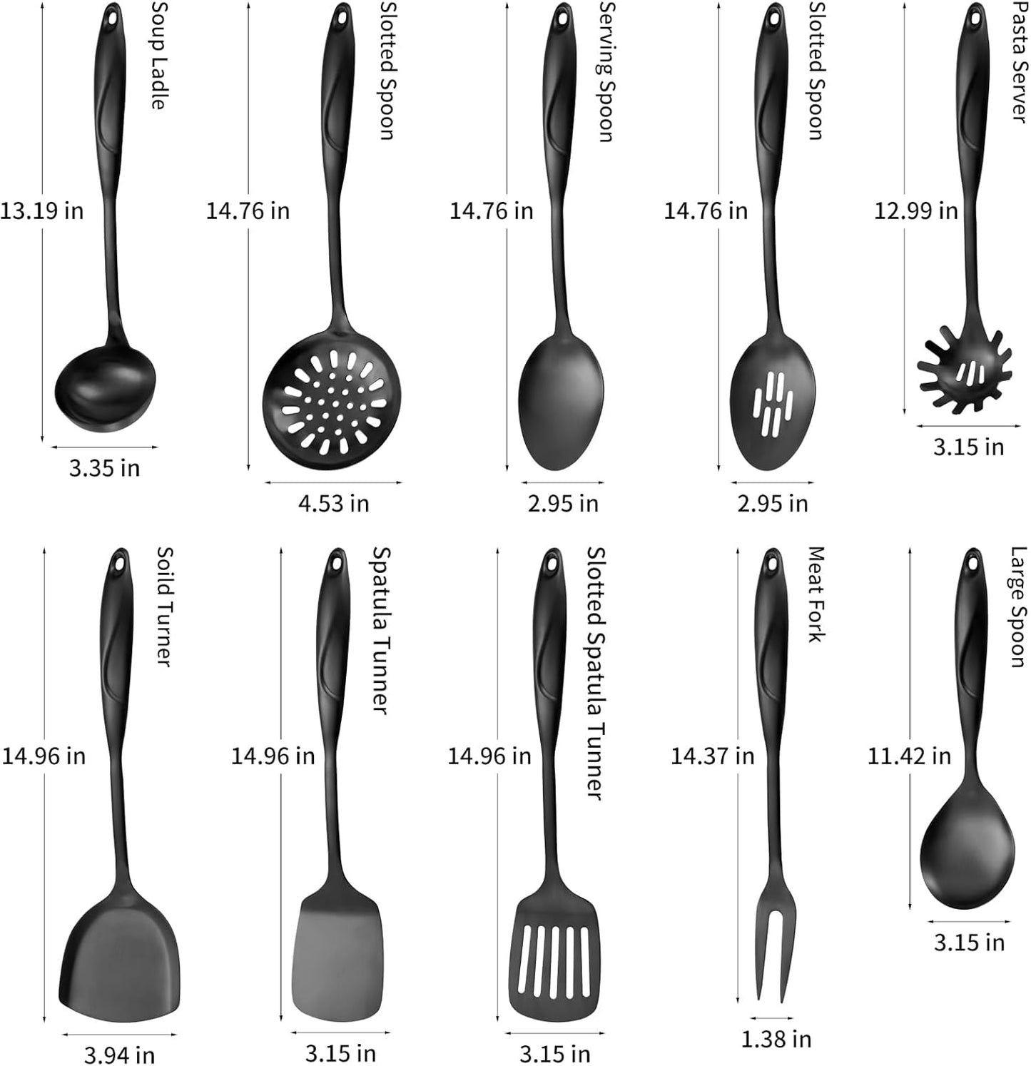 304 Stainlss Steel Kitchen Utensils Set, 10 Pcs Metal Cooking Utensil, Matte Kitchen Gadget Cookware and Kitchen Tool Set, Dishwasher Safe(Black)
