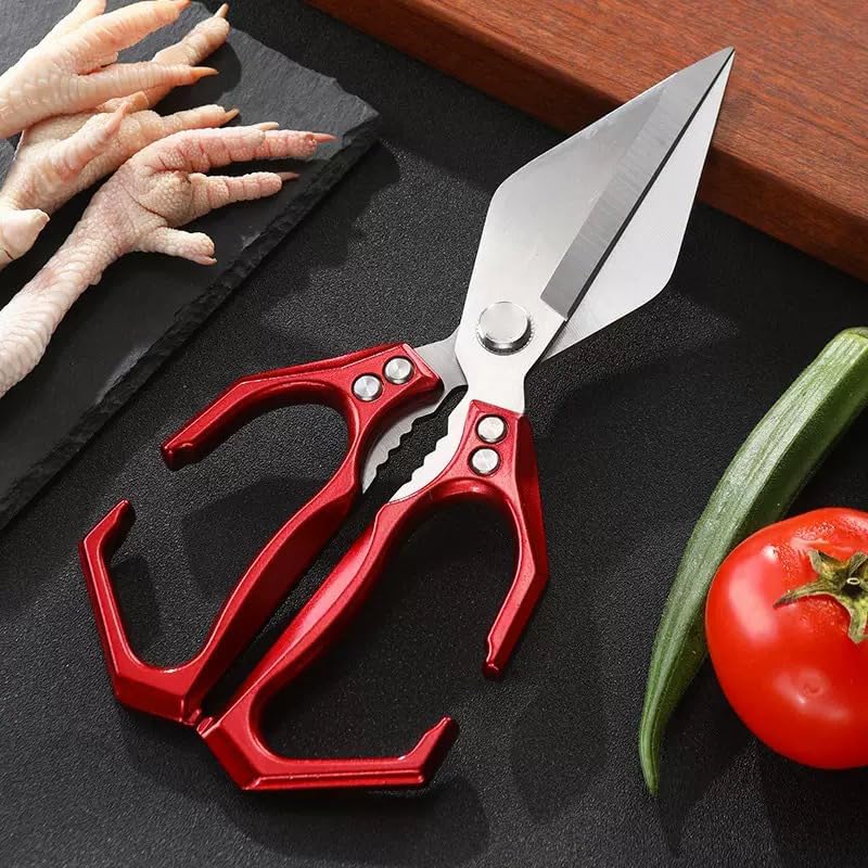 Multifunctional Heavy-Duty Kitchen Shears, Poultry Shears with Ergonomic Handle, High-Carbon Steel Culinary Shears for Chicken, Meat, Seafood, Bone Cutting, Dishwasher Safe (Red)
