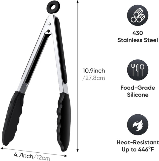 9 Inch Kitchen Tongs, Cooking Tongs with Silicone Tips and Stainless Steel Handle, Non Stick Heat Resistant Tongs for Cooking, Buffet, Salad Serving (9", Black)