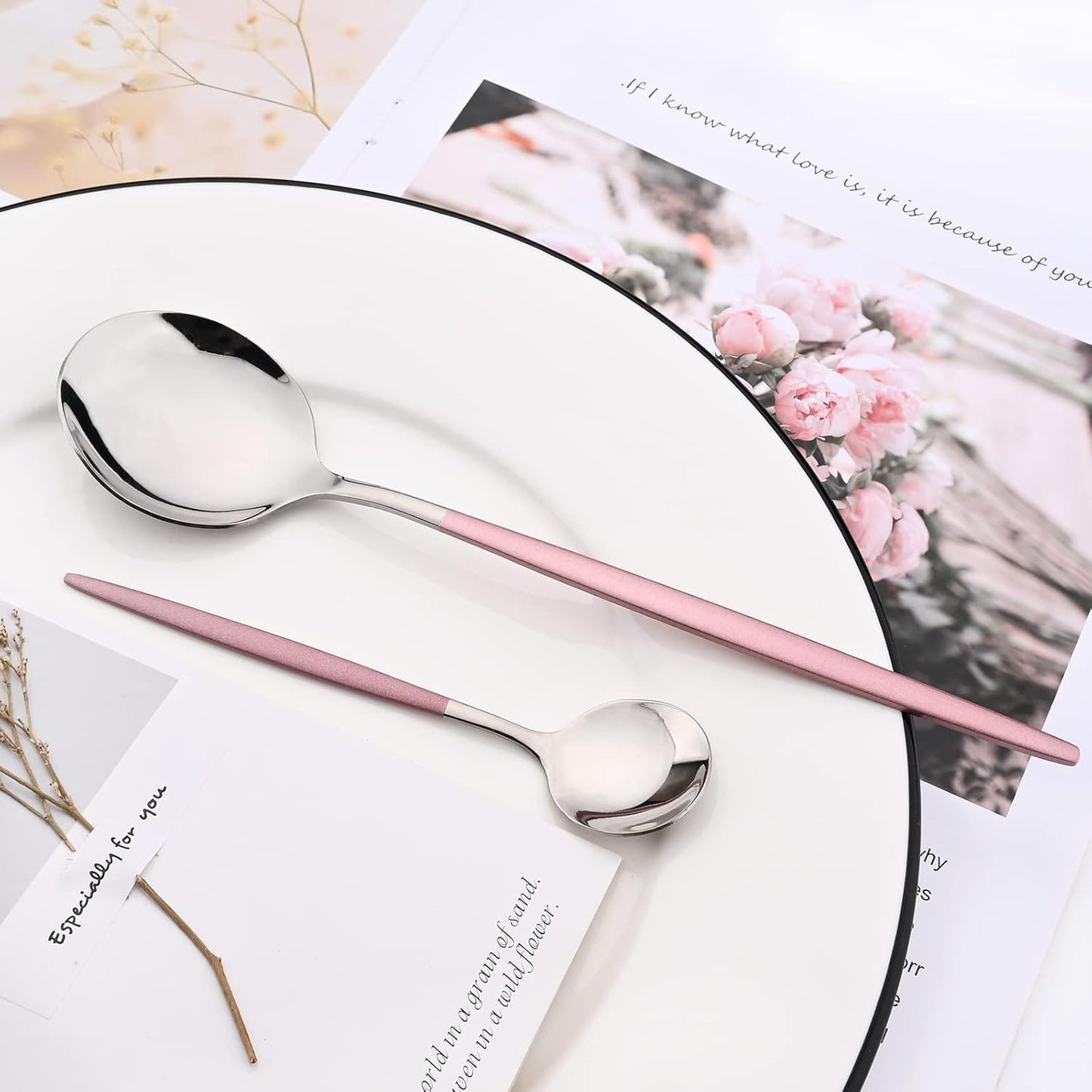 Mirror Cutlery Serving Set, 24-piece 18/0 Stainless Steel Silverware With Pink Handle Simple & Modern Tableware For Home Party Restaurant Christmas Dinner, Service For 6 (Pink Silver)