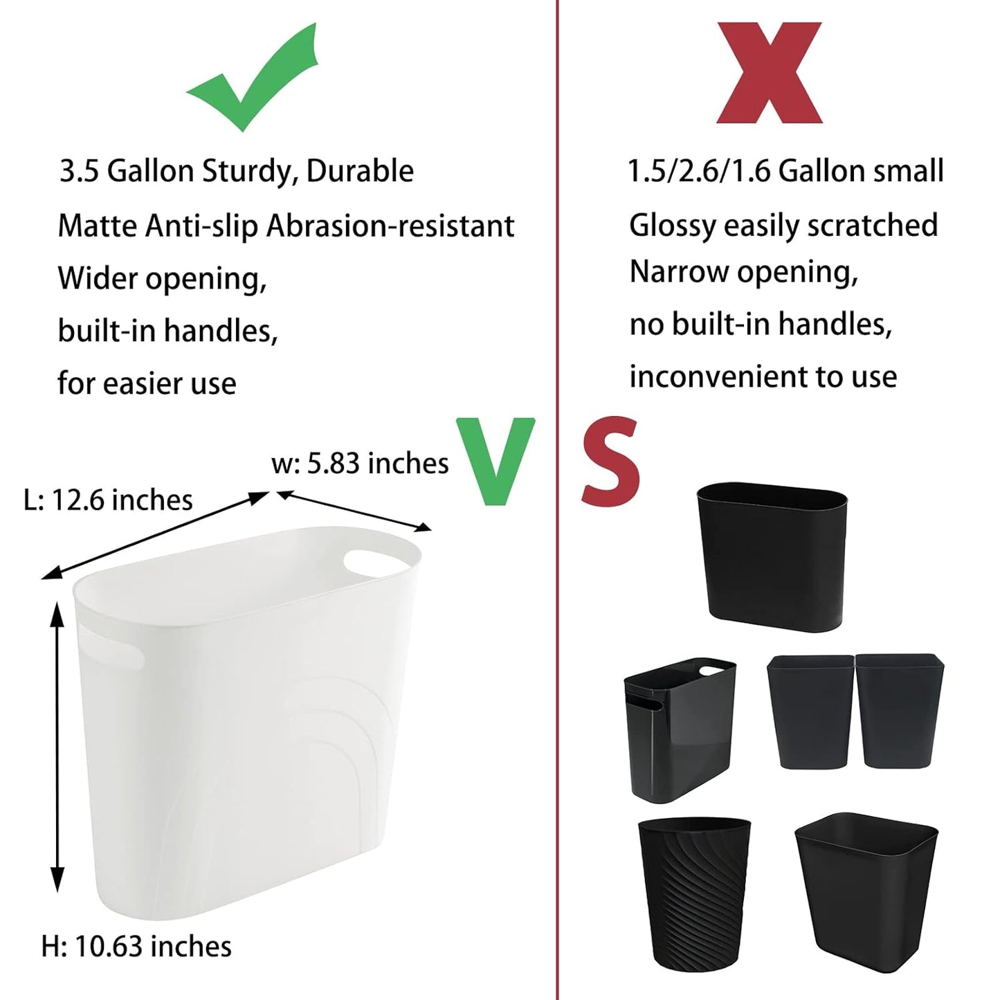 rejomiik Small Trash Can, 3.5 Gallon Slim Garbage Can Plastic Waste Basket with Handles Container Bin for Narrow Spaces Bathroom, Bedroom, Kitchen, Office at Home, White