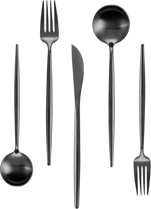 Matte Black Silverware Set for 12, IBIILII JEFF 60 Pieces Stainless Steel Flatware Set，Kitchen Utensil Set, Tableware Cutlery Set, Knife Spoons And Forks Set, Satin Finished Polished & Dishwasher Safe