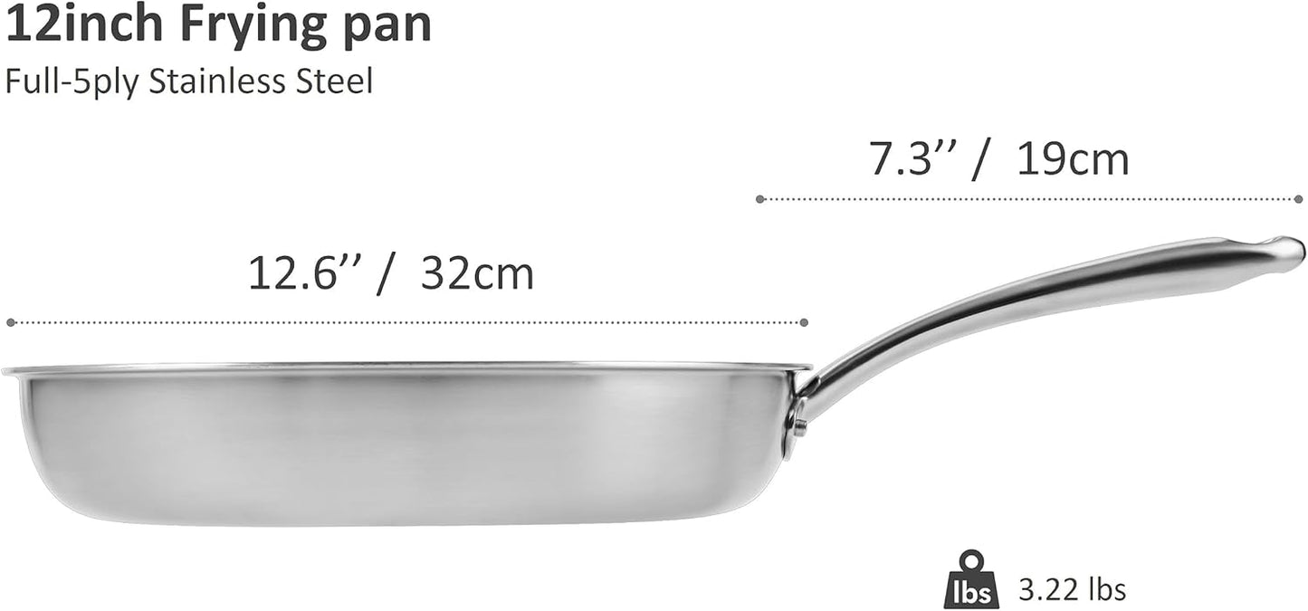 5-Ply Stainless Steel Frying Pan, Full 5-Ply Clad, Brushed, Induction Cooking Pan, Oven Safe, Dishwasher Safe (12'' Stainless Steel Frying Pan)
