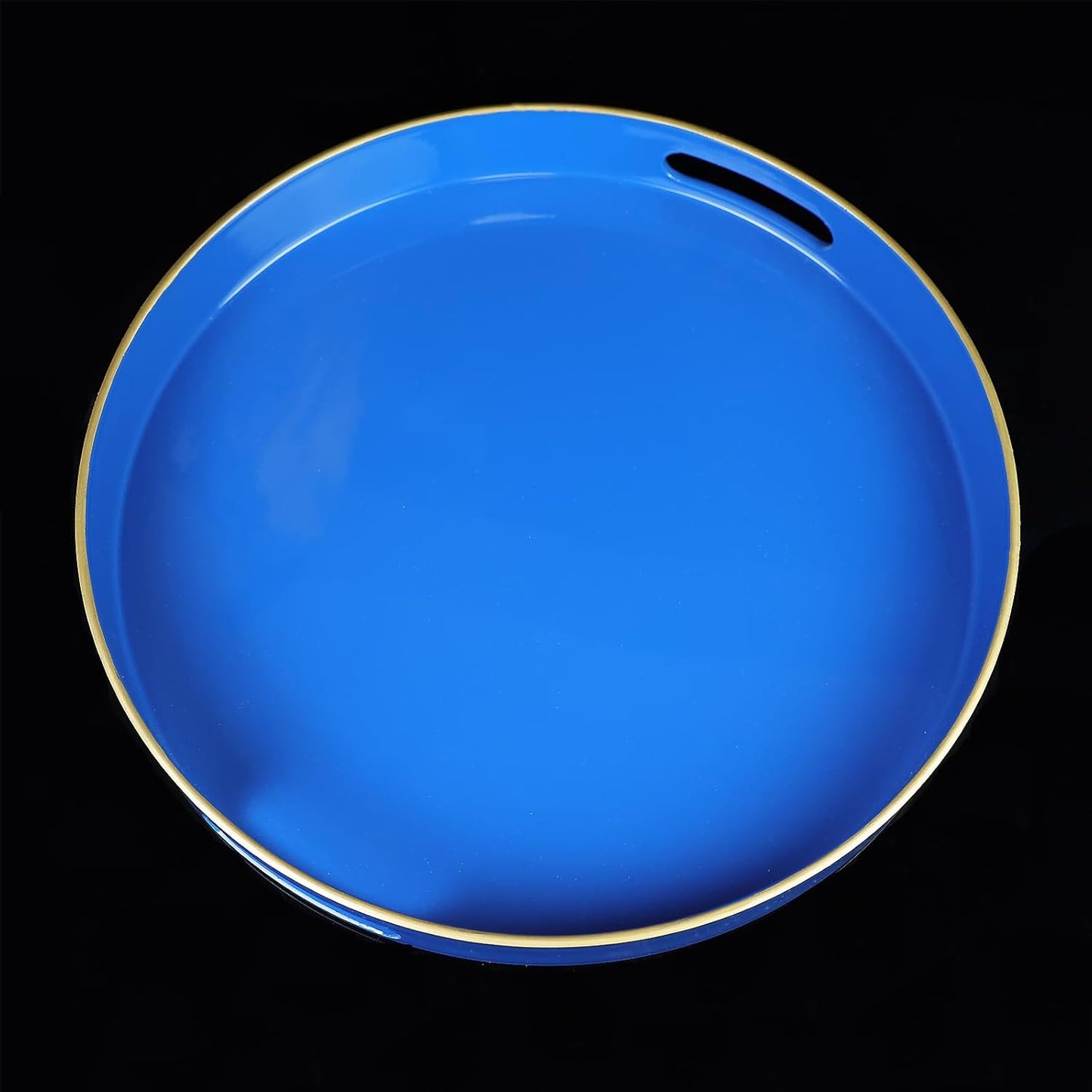 Blue Round Decorative Tray with Handles, 13" Elegant Coffee Table Serving Tray for Ottoman Living Room, Bathroom, Outdoors, Breakfast