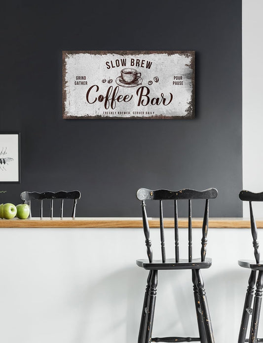 IPIC - Rustic Coffee Bar Sign Slow Brew, Canvas Print Wall Art for Home and Coffee Station, Rustic Industrial Style Wall Decor for Kitchen and Cafe