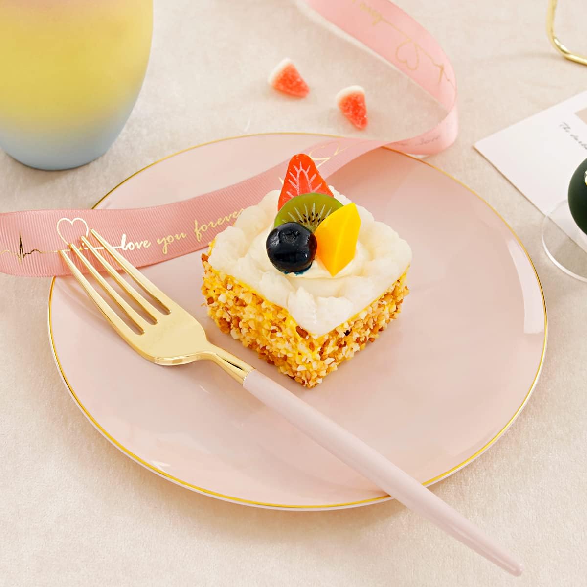 I00000 72PCS Pink Plastic Dessert Plates with Disposable Forks, Premium Pink Cake Plates, Fancy Apetizer Plate with Gold Rims Perfect for Party