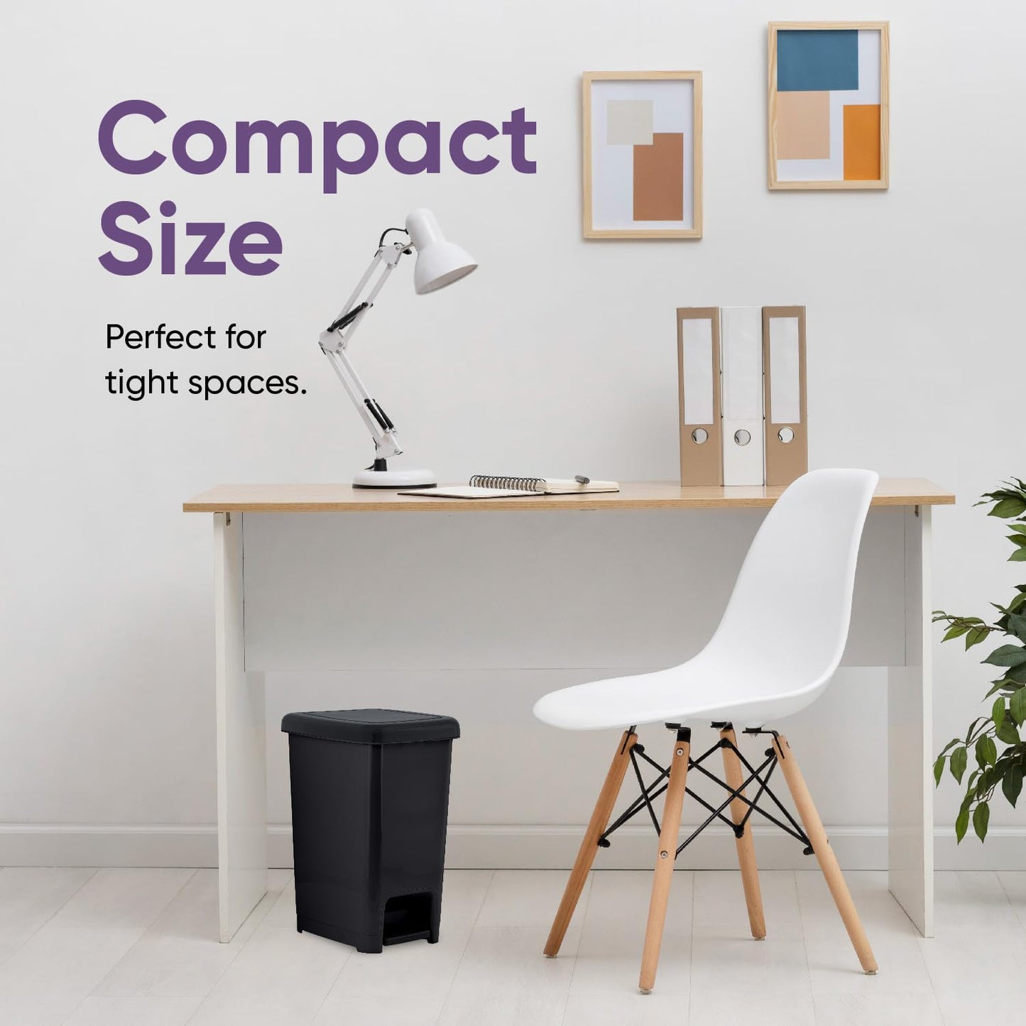 Superio Slim Step On Pedal Plastic Trash Can, Waste Bin for Under Desk, Office, Bedroom, Bathroom, Kitchen (2.5 gal) (Black)