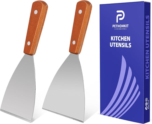 Small Flat Metal Spatula Scraper Set,2 Pcs Stainless Steel Dough Food Scraper Kitchen Tool, Griddle Grill Scrapers for Flat Tops Pancake Pizza Burgers Cooking Cutting Flipping Cleaning, Slant Edge