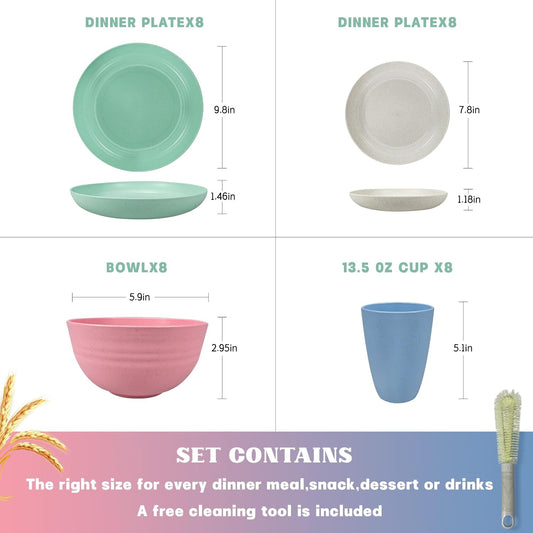 Kitchen Wheat Straw Dinnerware Sets (33pcs) Attached cleaning brush,Service For 8,Plastic Plates and Bowls Sets,Unbreakable Dinnerware,Lightweight Plastic Plate Set (Chroma)