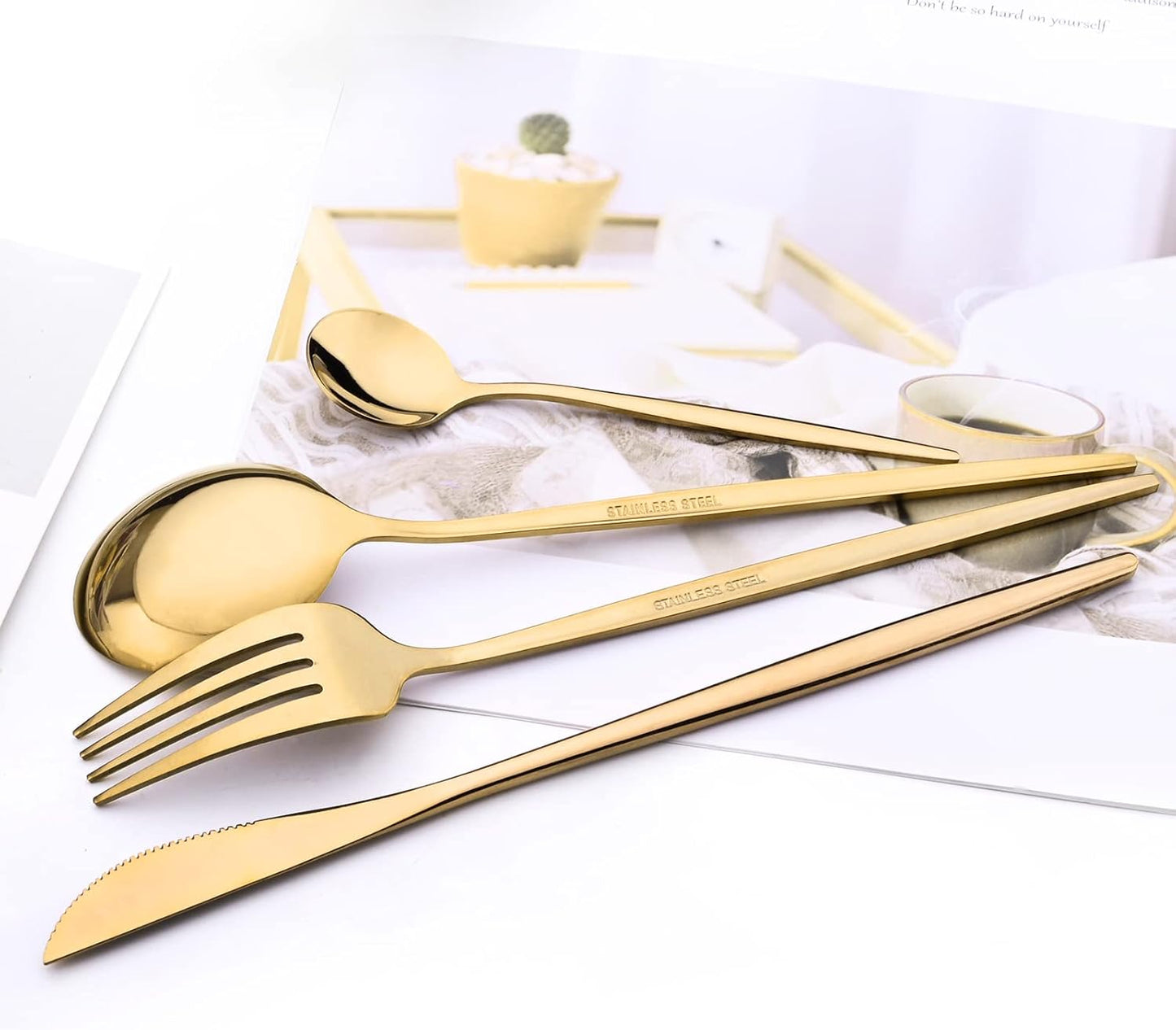 24-Piece Mirror Gold Polished Flatware, 18/0 Stainless Steel Dinnerware Set Include Knife Fork Spoon Teaspoon Cutlery Set For Home Restaurant and Party Service For 6, Dishwasher Safe