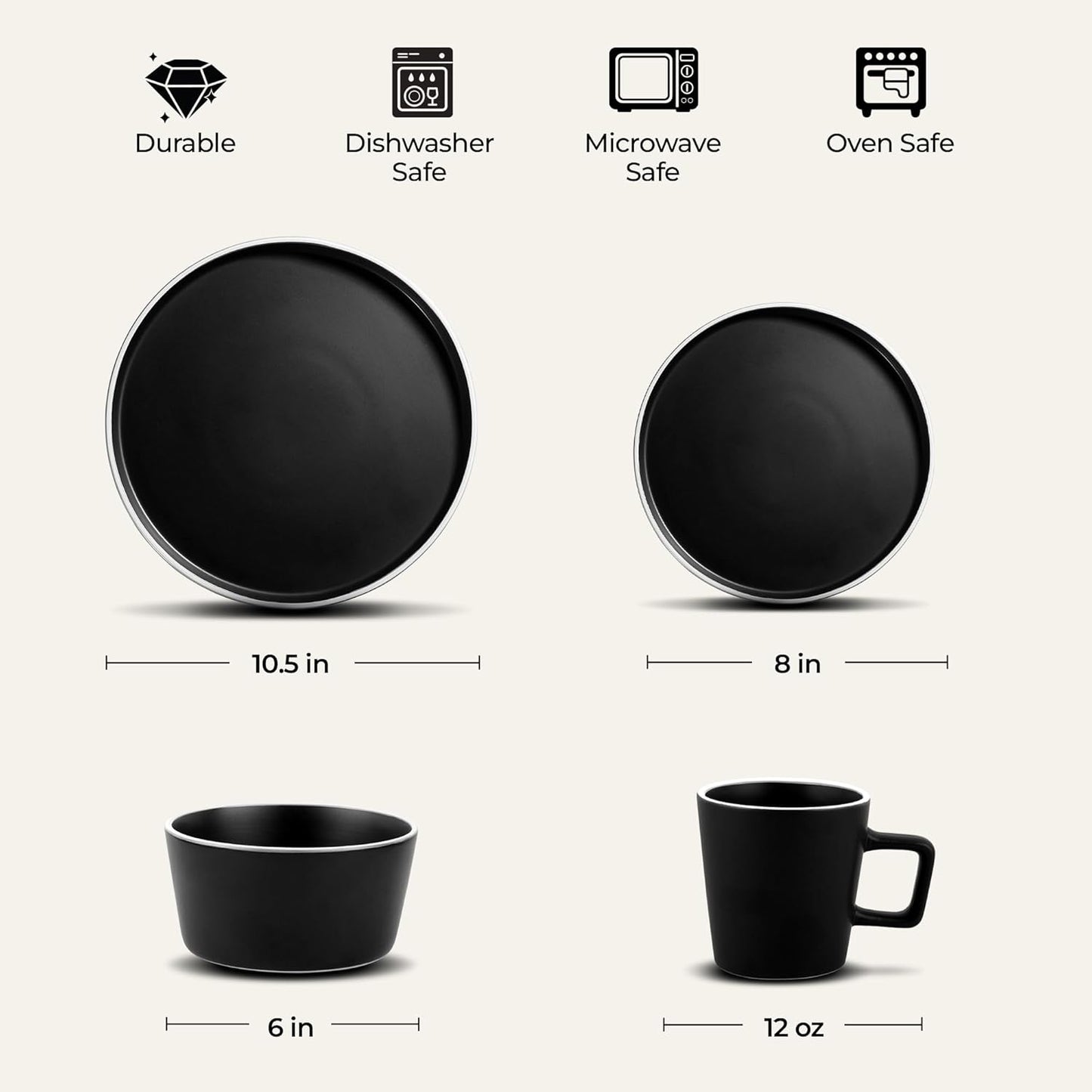 Zulay Kitchen Terra Stoneware Dinnerware Set, Artisanal Ceramic Plates and Bowls Set Crafted at 2300℉ - Service for 4, Black Matte with White Rim