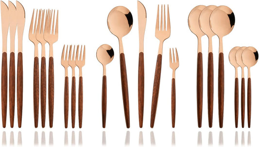 JASHII Wood Handle Flatware Set, 20 Pieces Stainless Steel Silverware Cutlery Set, Mirror Polished, Knife Fork Spoon Set, Dishwasher Safe - Pointed Head Rose Gold