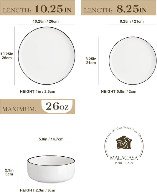MALACASA Plates and Bowls Sets, 24 Pieces Modern Porcelain Dinnerware Set for 8 White Kitchen Dinner Dining Ware Set wtih Black Rim Ceramic Dishware Dishes Microwave and Dishwasher Safe, Series LUNA