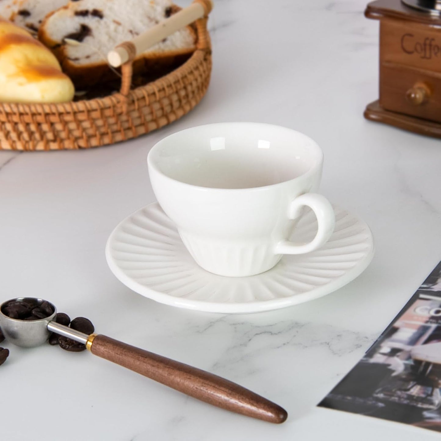 2 oz White Espresso Cups Set of 2, Ceramic Cappuccino Cups with Saucers, Durable Porcelain Tea Set & Modern Coffee Cup Collection, Coffee Lover Gifts