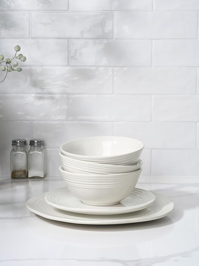 Famiware Plates and Bowls Sets 18-Piece Stoneware Dinnerware Sets, Dishes Set for 6, Hand-made Reactive Glaze Dish Set, Twilight Series, White