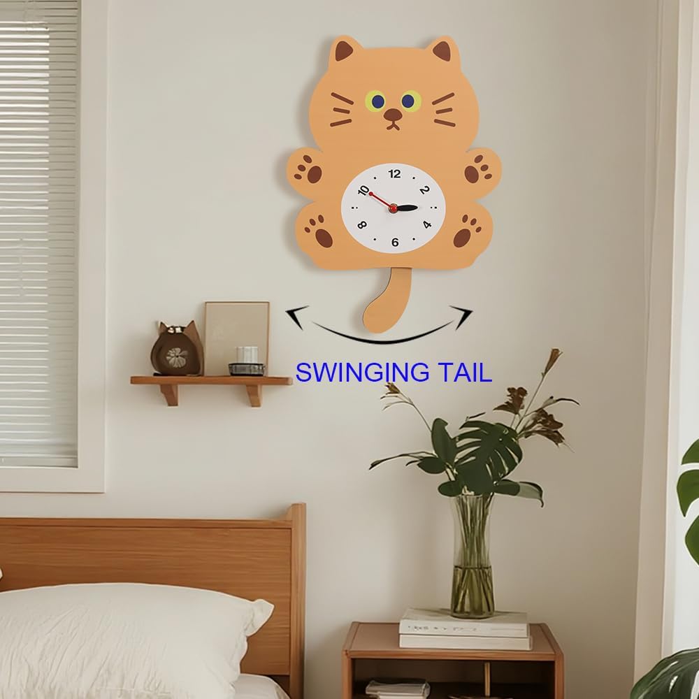 Adorable Cat Swing Wall Clock with Wagging Tail - Silent Non-Ticking Pendulum Clock, Cute Cartoon Animal Design for Kids Room, Nursery, Home Decor, for Cat Lovers (YBZ001-Yellow)
