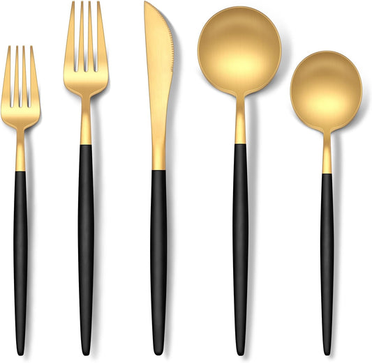 Stapava 40-Piece Matte Black Gold Silverware Set, Stainless Steel Gold Utensils Cutlery Set for 8, Satin Finish Flatware Include Forks Spoons and Knives Set for Home and Restaurant, Dishwasher Safe