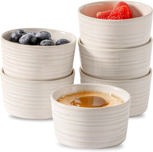 Hasense 4 oz Ramekins Oven Safe, Ceramic Creme Brulee Bowls Set of 6, Mini Baking Dishes for Souffle Pudding, Serving Dip, Custard, Ice Cream, Clay-Infused White