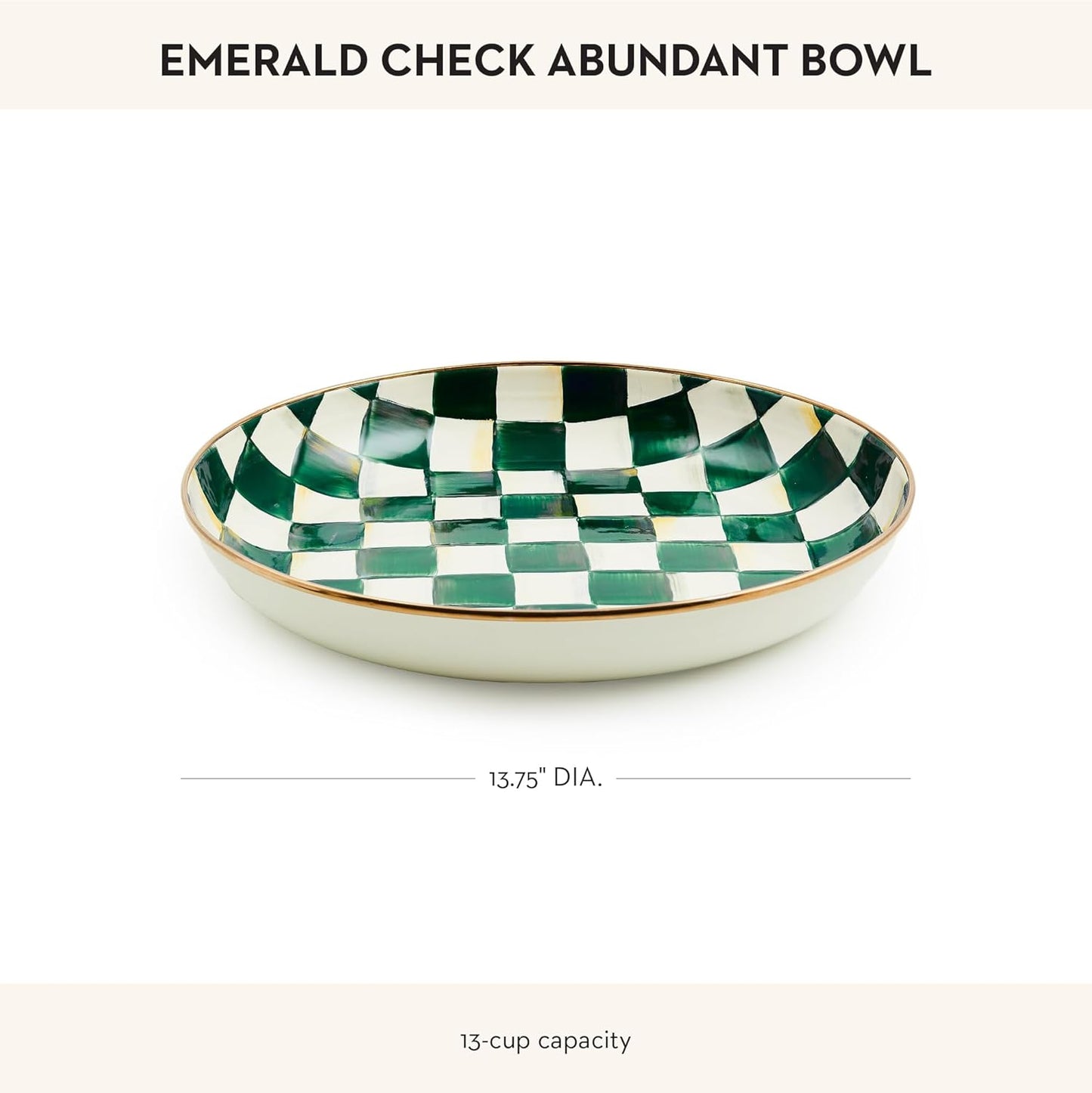MACKENZIE-CHILDS Enamel Abundant Bowl, Serving Bowl or Fruit Bowl for Display, 13-Cup Capacity, Green-and-White Emerald Check