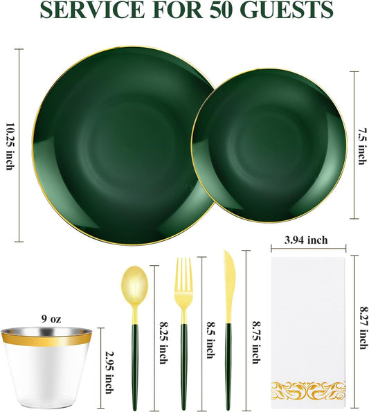 350 Pieces Green Gold Plastic Dinnerware Set, Gold Disposable Plates for Party, Include 100 Green Plates with 150 Plastic Cutlery, 50 Napkins and 50 Cups