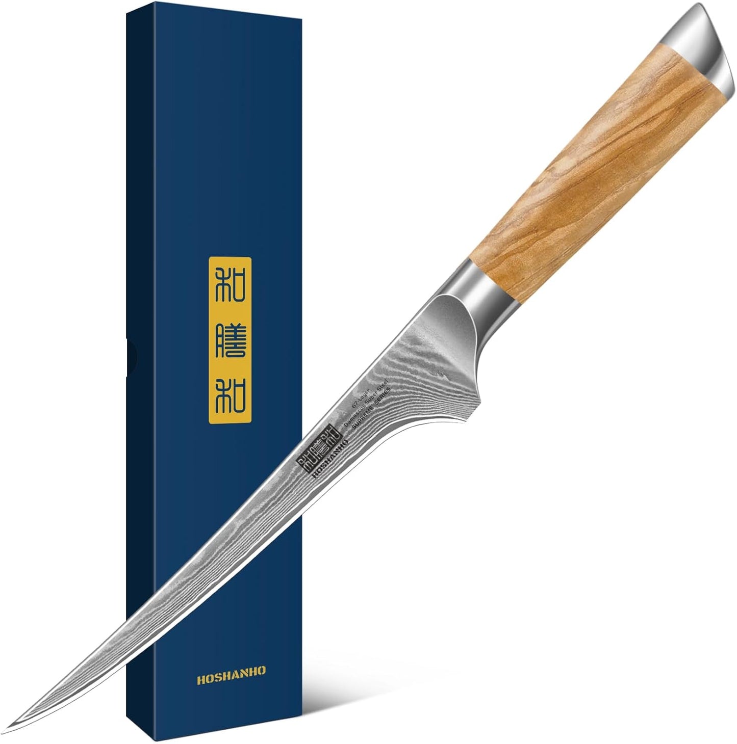 HOSHANHO 7 Inch Damascus Fillet Knife, Professional 10Cr15CoMoV Super Steel Japanese Boning Knife, Ultra Sharp Fish Knife with Ergonomic Olive Wood Handle