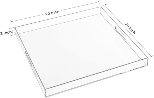 20×20 Inches Oversize Extra Large Sturdy Clear Acrylic Serving Tray King Size Decorative Big Ottoman Trays with Cut Out Handles Water Proof Bed Tray Coffee Counter Top Organizer