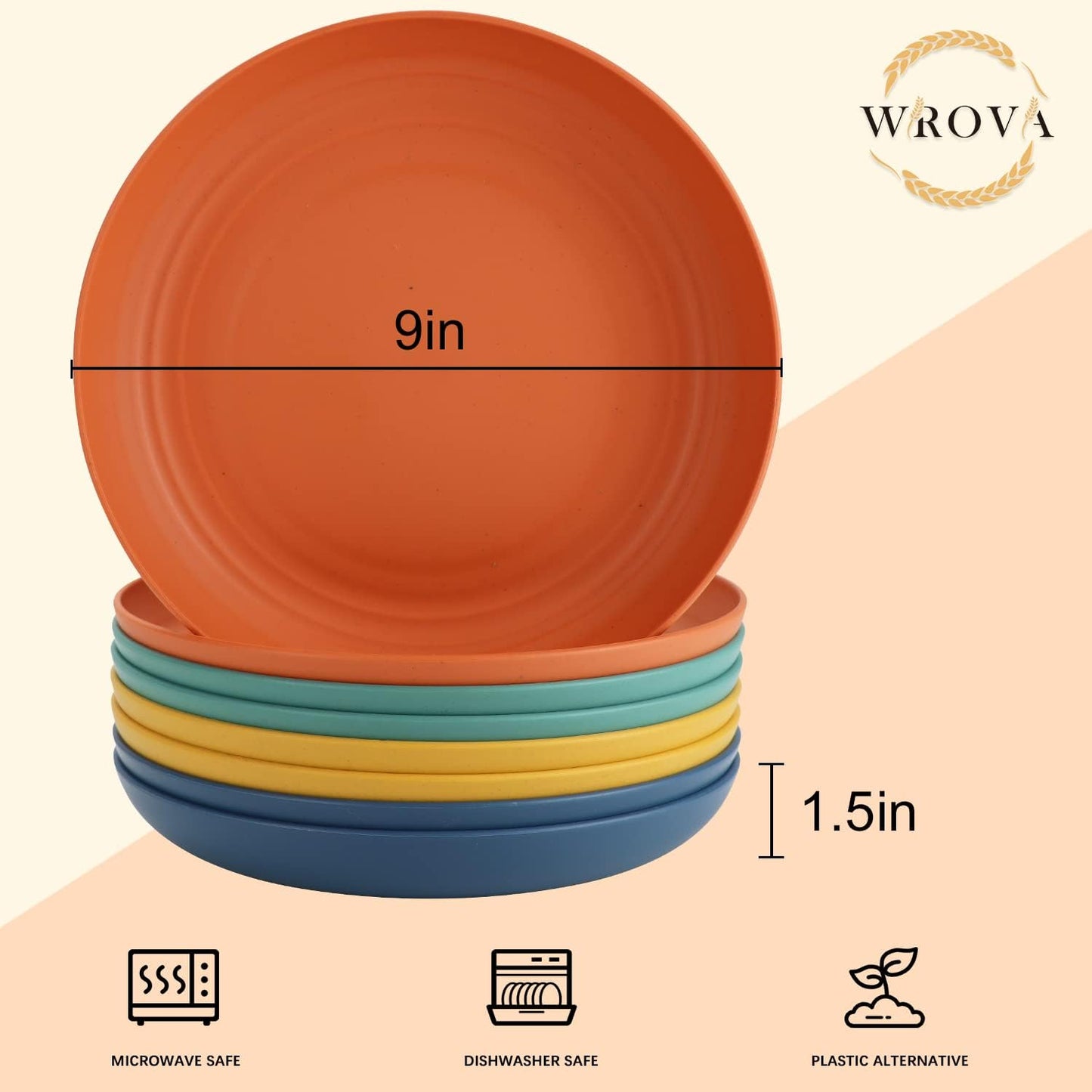 Wrova Wheat Straw Plates - 9 Inch Unbreakable Dinner Plates Set of 8 - Dishwasher & Microwave Safe Plastic Plates Reusable - Lightweight Plates for kitchen,camping (Colorful Series)