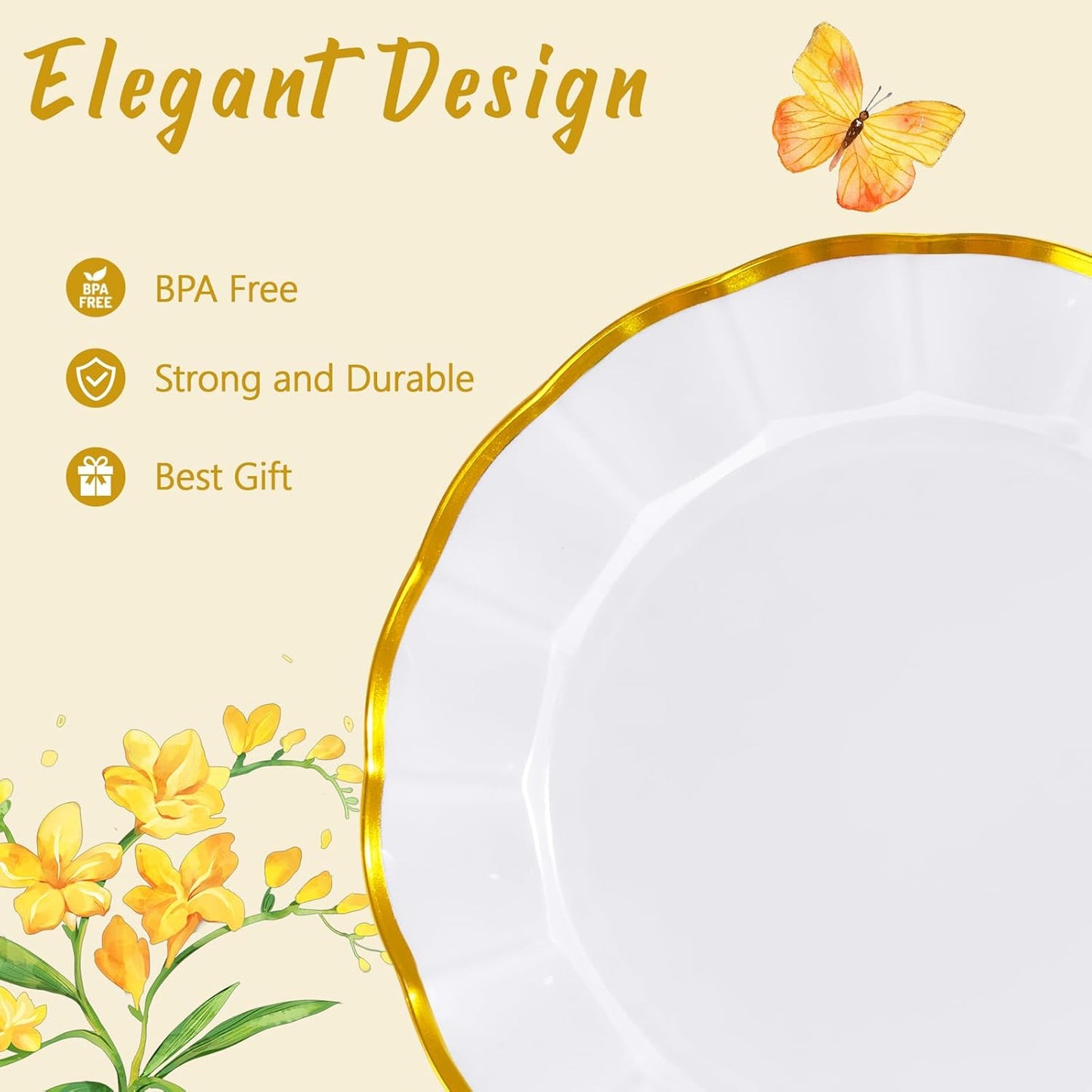 EI 150pcs White Plastic Plates with Gold Plastic Silverware,Disposable Plate Heavy Duty,White Dinnerware Set,Elegant Plates for Party,Wedding,Afternoon Tea,Birthday