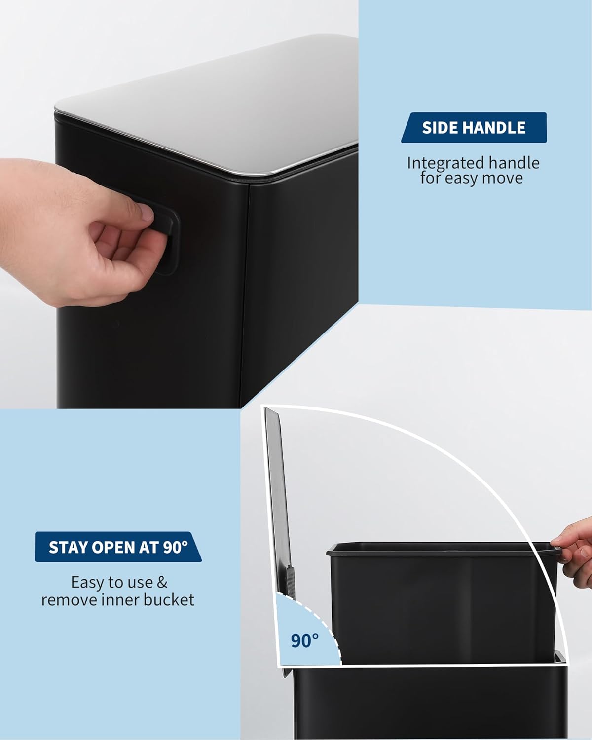 4 Gallon Stainless Steel Trash Can with Soft Close Lid, Step-on Bathroom & Kitchen Garbage Bin, Compact Slim Design with Removable Inner Bucket for Office, Living Room