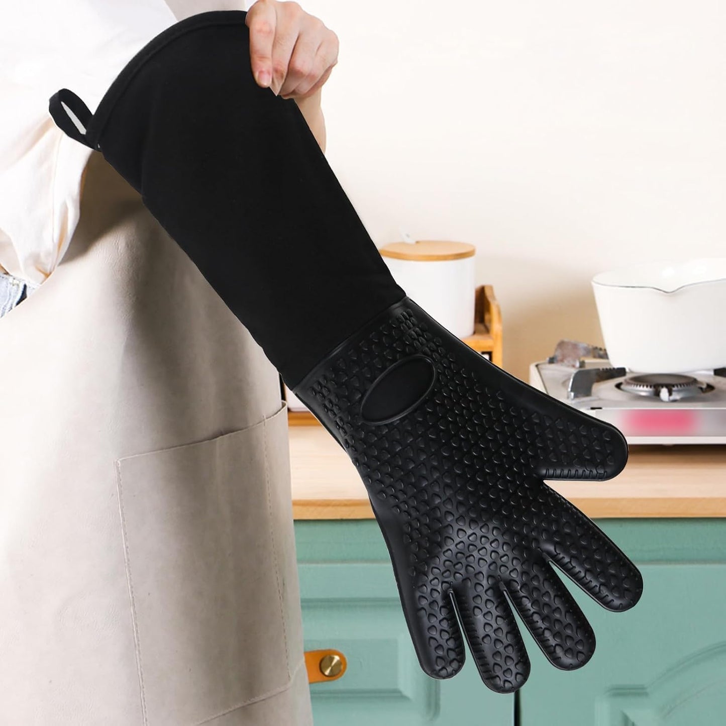 Extra Long Oven Mitts Heat Resistant Cotton Lining Oven Thick Gloves Kitchen Food Service Mittens for Pot Holders Cooking Baking BBQ (19.7 Inch Black -1pair)
