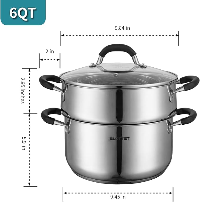 6 Quart Stainless Steel Stock Pot with Steamer,6 Qt Multipurpose Stockpot with Stay-cool silicone Handle and Glass Lid,Soup Pot for Cooking
