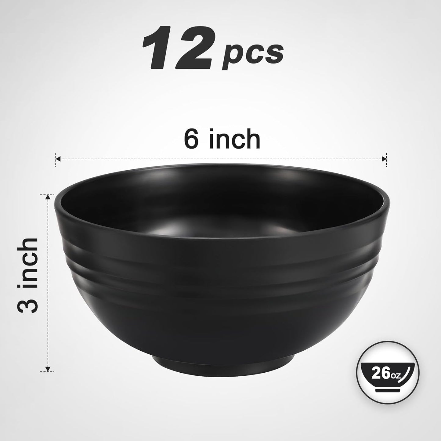 12 Pcs Unbreakable Cereal Bowls Set, 26 Oz Wheat Straw Bowls Set, Microwave & Dishwasher Safe Bowls for Kitchen, Reusable Plastic Bowls for Soup, Salad and Snack, BPA Free, Black
