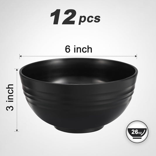 12 Pcs Unbreakable Cereal Bowls Set, 26 Oz Wheat Straw Bowls Set, Microwave & Dishwasher Safe Bowls for Kitchen, Reusable Plastic Bowls for Soup, Salad and Snack, BPA Free, Black