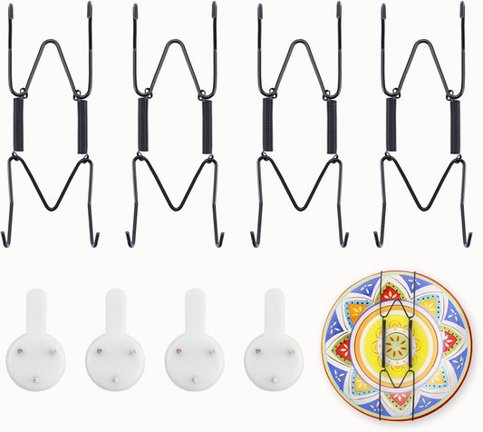 4 Pack Plate Hangers for The Wall Suitable for 4-5 inch Small Decorative Plate, Invisible Stainless Steel Plate Hangers for Display with Wall Hooks, for Plates/Platter/Dish/Picture(Black)