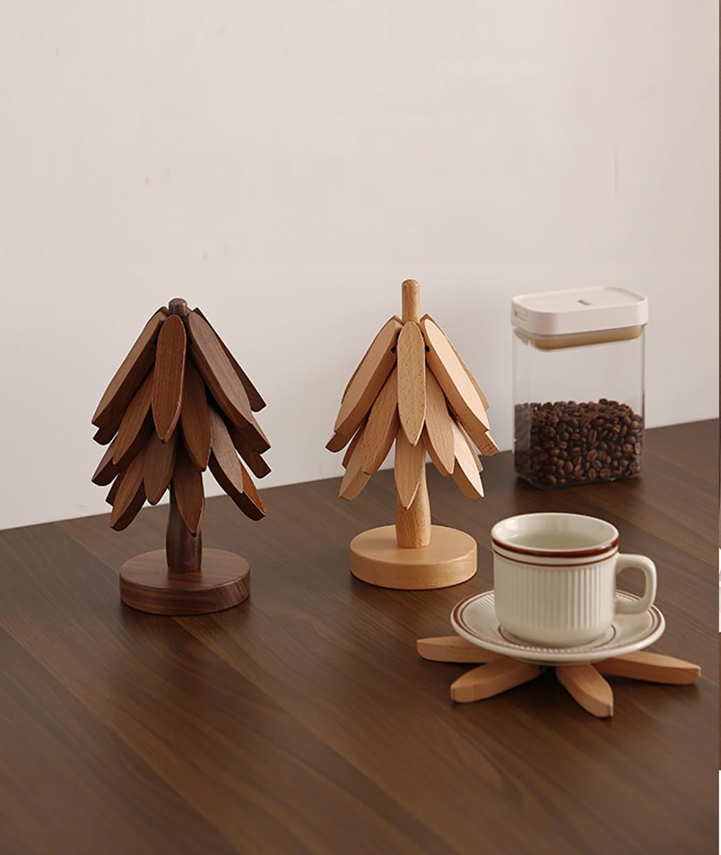 Wooden Trivets for Hot Dishes,Tree Shape Trivet Set, 4 Wooden Trivets+1 Stand, Natural Foldable Kitchen Wooden Trivet for Hot Dishes、Pot、Bowl、Teapot、Hot Pot Holders (Beech Wood)