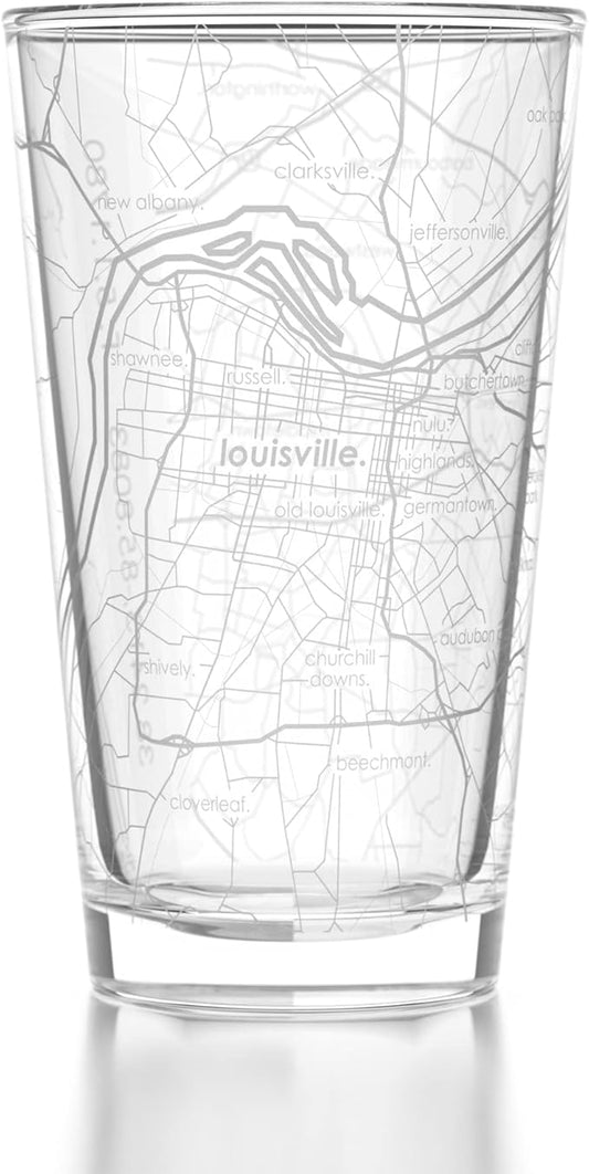 Well Told Engraved Louisville Kentucky Map Pint Glass, Etched Beer Gift (16 oz, Clear) City Map Pint, Custom City Glassware, Gifts For Beer Lovers