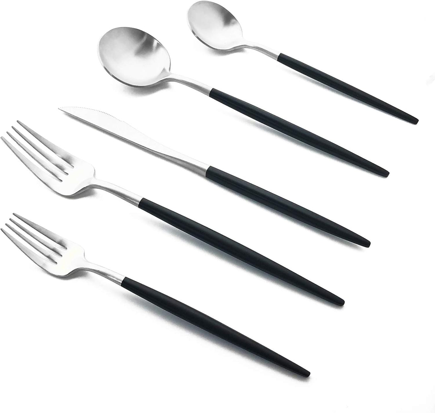 Matte Silverware Set, 20-Piece 18/10 Stainless Steel Satin Finish Flatware Set Service for 4, Kitchen Utensil Set, Tableware Cutlery Set for Home Restaurant (Black Handle Silver, 20-Piece)