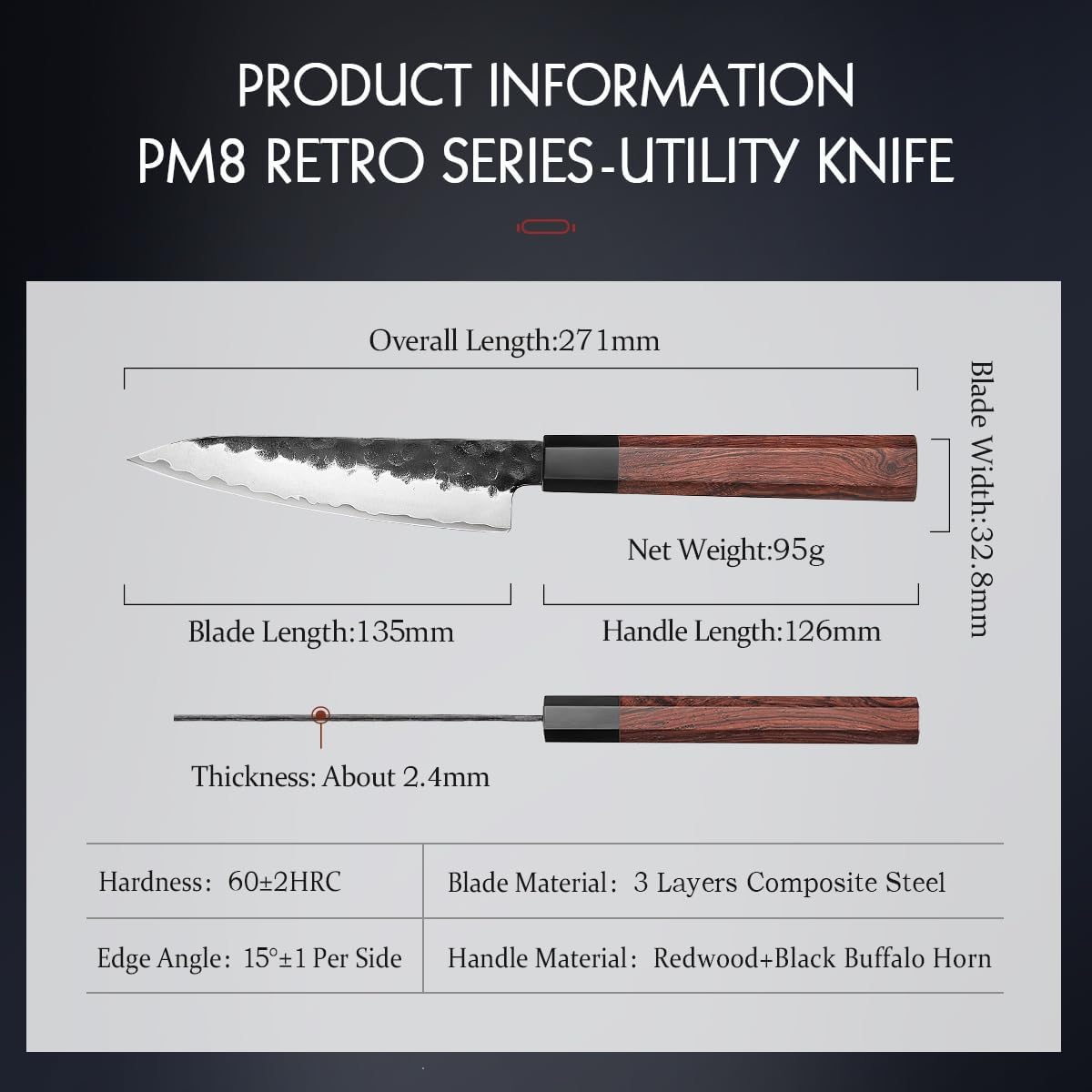 HEZHEN 5.3" Utility Knife, Clad Steel Composite Forging Steel Universal Knife, Petty Knife Paring Fruit Peeling,Japanese Style Kitchen Knife,Natural Wood Octagonal Handle