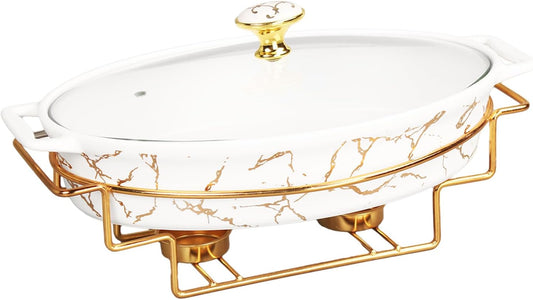 12" x 8" Ceramic Casserole Baking Dish With Glass Cover and with Golden Rack, Lasagna Pan Deep for Oven, 1.7 Quarts Baking Pan with Handles, Oven Safe & Durable Bakeware for Home Decor