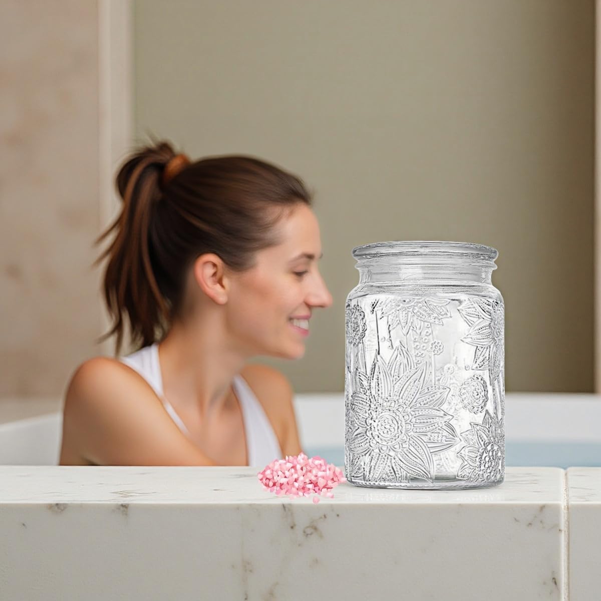 ANSQU 2-Pack Glass Bath Salt Jar with Wooden Scoop, 23.7oz Bath Salt Container with Lid, Coffee Grounds Container, Coffee Canister