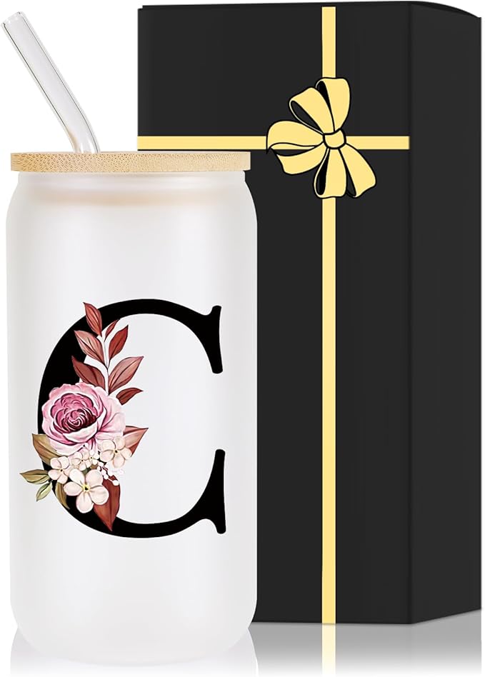 Monogrammed Glass Drinking Cup With Lid Straw Girlfriend Gf Gifts Future Mrs for Her Women Boyfriend 1 One Year Anniversary Meaningful Cute Romantic Christmas Xmas First Valentines I Love You More,C