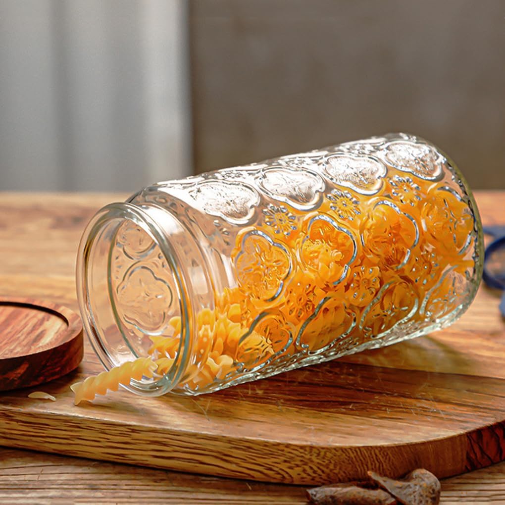 ANSQU Vintage Glass Storage Jar, Glass Canister Storage Jar Container with Airtight Wooden Lid for Kitchen Counter, Pantry, Coffee, Tea, Sugar, Cookie Jars (Round-Begonia)