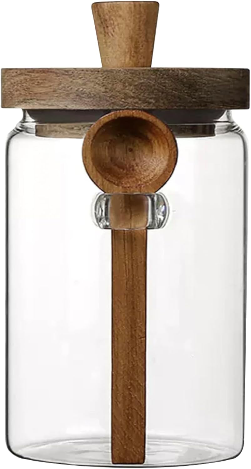 Glass Food Storage Jar with Wooden Lid and Spoon, Airtight Container for Cereals, Cookies, Snacks, Kitchen Canister Set (Large(750ml/25.3oz))